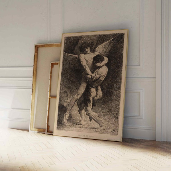 Léon Bonnat Jacob Wrestling with the Angel No2 | Antique Print, Vintage Drypoint Etching Wall Art, Poster, Artwork, Picture, Home Decor