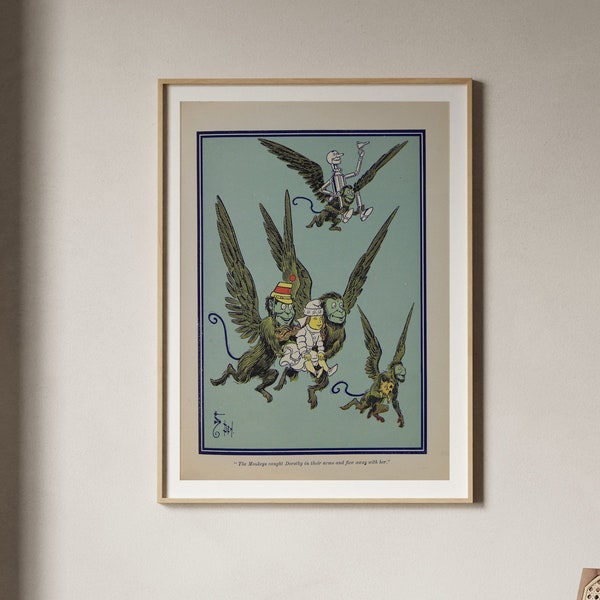 Flying Monkeys Print W W Denslow | Vintage Wizard of Oz Monkey Illustration Fine Art Wall Poster Picture