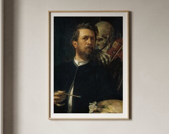 Arnold Böcklin Self-Portrait with Death Playing the Fiddle | Antique Print, Painting, Vintage Wall Art, Poster, Artwork, Picture, Home Decor