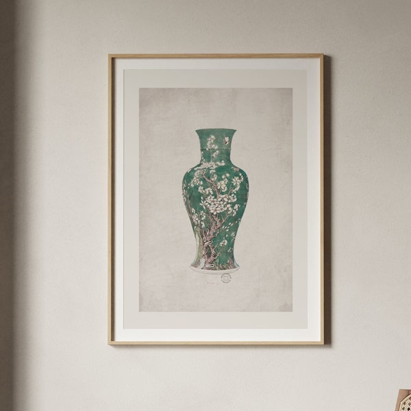 Antique Chinoiserie Blossom Flower Vase Print | Vintage Pale Green Wall Art, Oriental Ceramic Satsuma Pot Poster, Japanese Home Decor NoEG05