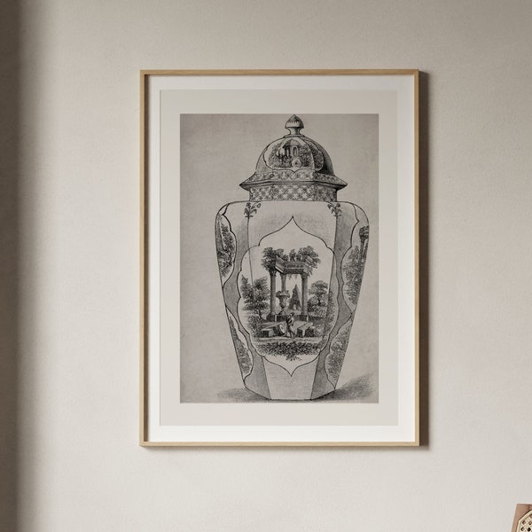 Antique Chinoiserie Vase Print | Vintage English Porcelain Wall Art, Italian Drawing Poster Japanese Pottery Illustration, Living Room Decor