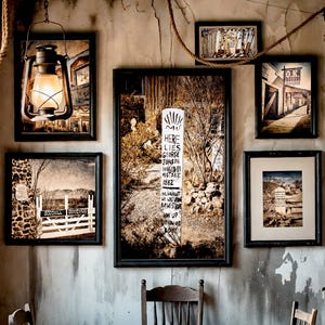 May include: A collection of framed sepia-toned photographs and a hanging lantern on a textured wall. The photographs depict scenes of a graveyard, a street, and a sign that reads "Here Lies George Johnson Hanged by Mistake 1882".