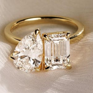 3 TCW Emerald & Pear Cut Moissanite Engagement Ring Two Stone Toi Et Moi Ring Emerald Cut Unique Wedding Ring Anniversary Gift Ring For Her