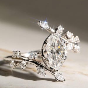 Floral Marquise Cut Moissanite Engagement Ring Vintage 14K Gold Moissanite Bridal Wedding Ring Nature Inspire Ring Anniversary Ring For Her