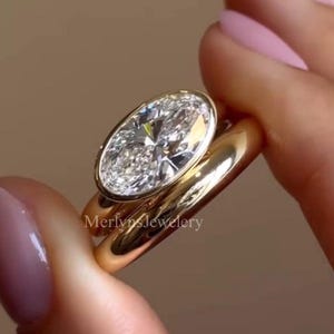 East to West Bezel Set 3 CT Oval Cut Moissanite Bridal Ring Set 14k Yellow Gold Plain Wedding Band Ring Set For Anniversary Gift Ring Women