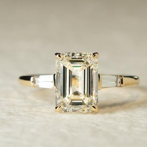 3 CT Emerald Cut Moissanite Three Stone Engagement Ring 14K Solid Gold Trilogy Wedding Ring Baguette Side Stone Anniversary Ring For Her