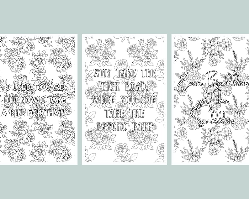 May include: Three black and white floral art prints with humorous quotes. The first print reads "I USED TO CARE BUT NOW I TAKE A PILL FOR THAT". The second print says "WHY TAKE THE HIGH ROAD WHEN YOU CAN TAKE THE PSYCHO PATH". The third print says "Even Baddies get the Saddies".