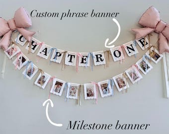 Custom Book Page Banner: Chapter One Birthday, Baby Shower, highchair and milestone banner , storybook