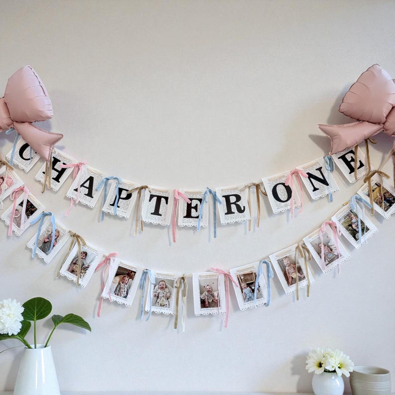 Chapter Ribbon Custom Book Page Banner: Chapter One Birthday, Baby Shower, Highchair ...