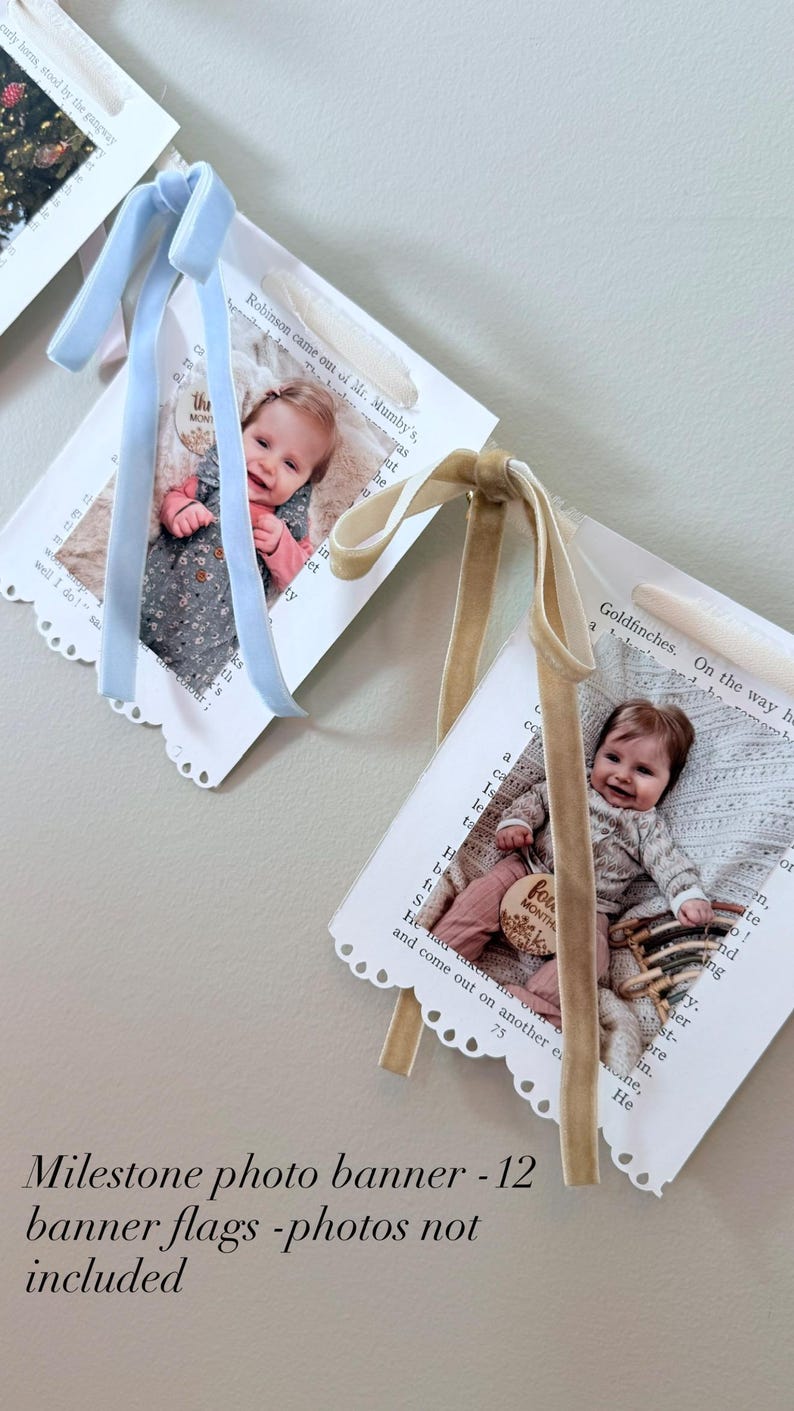 May include: A milestone photo banner featuring two white paper flags with scalloped edges, each displaying a baby photograph and printed text. The left flag is tied with a light blue velvet ribbon, and the right flag is tied with a tan velvet ribbon.