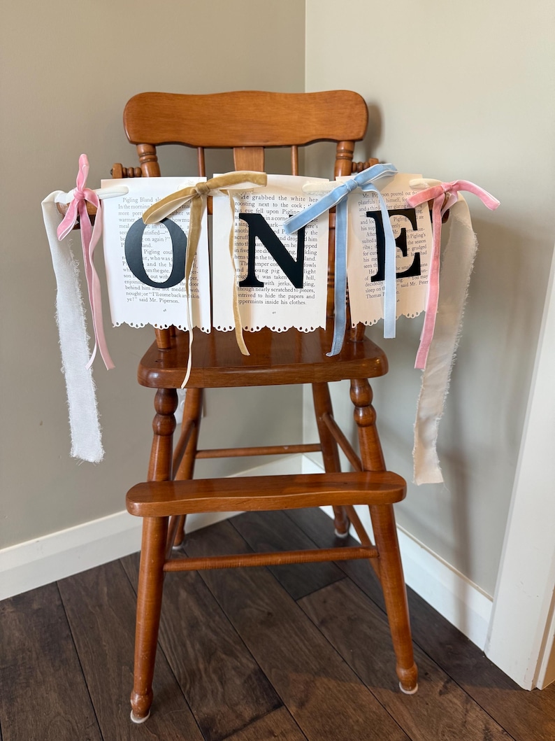 highchair banner with velvet bows between each flag- you may customize the year, ONE, TWO, THREE ect.