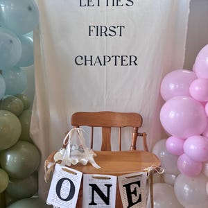 Custom Book Page Banner: Chapter One Birthday, Baby Shower, highchair and milestone banner , storybook image 4