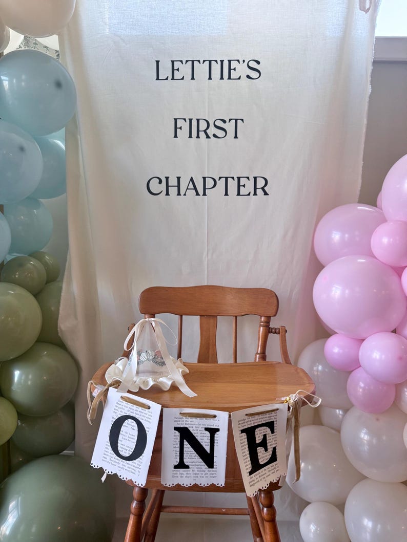 Custom Book Page Banner: Chapter One Birthday, Baby Shower, highchair and milestone banner , storybook image 4