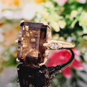 Brown Quartz Ring, 7.10 Carat Natural Smoky Quartz & Diamond Accents, 14k Solid Gold, Vintage Style Setting, November Birthstone, Gift Ready