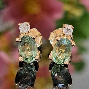 Green Sapphire Earrings, 1.38 Carat Natural Sapphire & Diamonds, 14k Solid Gold