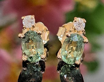 Green Sapphire Earrings, 1.38 Carat Natural Sapphire & Diamonds, 14k Solid Gold