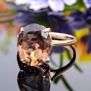 Smoky Quartz 14k Solid Gold Ring, Natural Brown Quartz, 12x10 Oval Gemstone