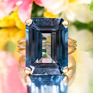 London Blue Topaz 14k Solid Gold Ring, Big Natural Topaz, 16x12mm Emerald Cut Gemstone