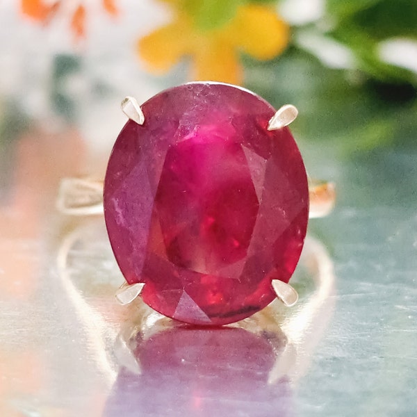 14k Solid Gold Ruby Ring * 14x12mm Lab-grown Ruby * Solitaire Ring * Anniversary Gift * Statement Style * July birthstone * Classic Jewelry