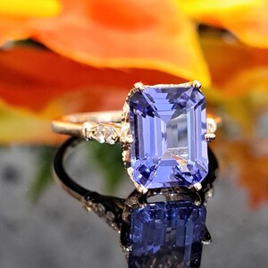 Tanzanite 14k Solid Gold Ring, 10x8 Emerald Cut Natural Blue Tanzanite, Diamond Accents