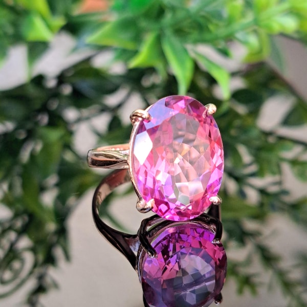 Natural Pink Topaz 14k Solid Gold Solitaire Ring, 16x12mm Oval Cut, November Birthstone