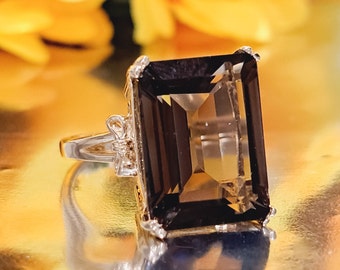 Brown Topaz Gold Ring * 11.20 Carat Natural Smoky Topaz/Quartz * 14k Solid Gold * Statement Jewelry * Emerald Cut Gemstone