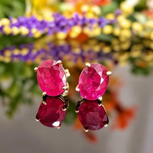 14k Solid Gold Red Ruby Stud Earrings, 9x7mm Gemstone, July Birthstone