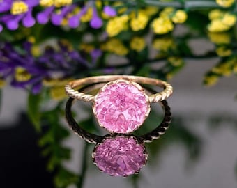 Solitaire Pink Sapphire 14k Solid Gold Ring, Lab-grown Gemstone 8mm, September Birthstone Gift