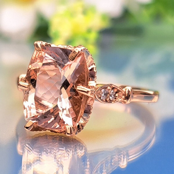 Morganite Gold Ring * 10x8mm Cushion Cut Natural Morganite * 14k Solid Rose, Yellow, White Gold * Engagement Ring