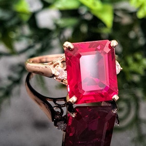 Ruby Ring, 14k Solid Gold, 12x10mm Emerald Cut Lab-grown Ruby, Natural Diamonds, July Birthstone, Anniversary Gift, Classic Handmade Jewelry