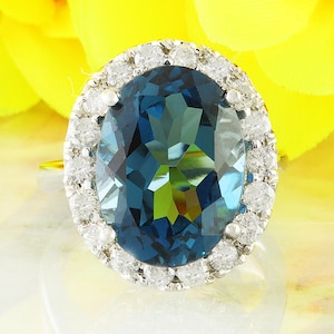London Blue Topaz Diamond Halo Ring, 14k Solid Gold, 12.90 Carat Natural Topaz & Diamonds, November Birthstone, Handmade Jewelry, Gift Idea