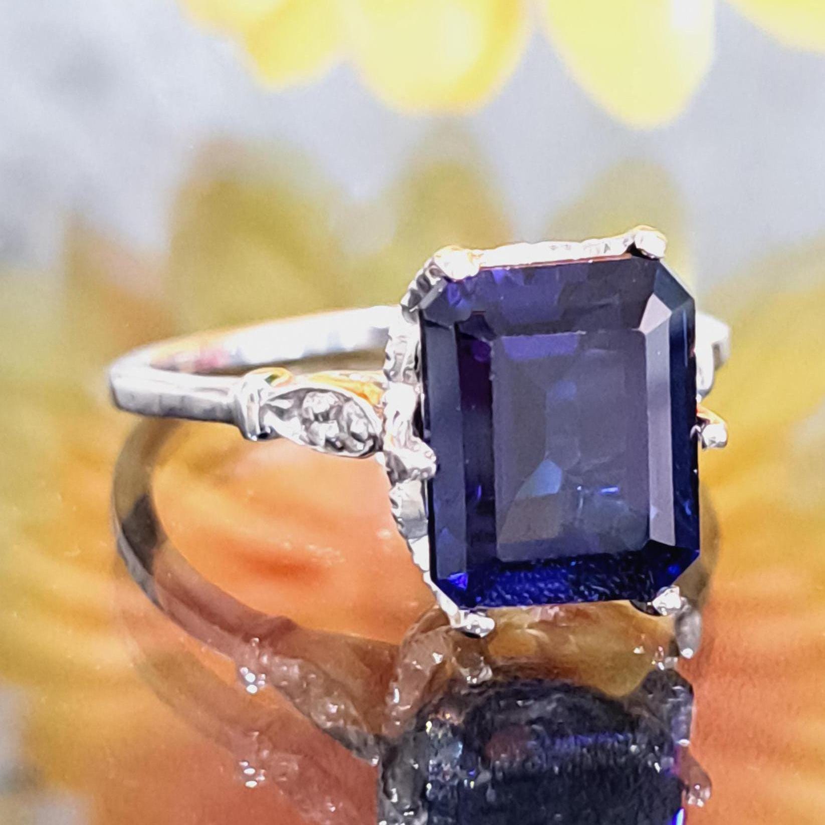 Sapphire 14k Solid Gold Ring, 10x8mm Emerald Cut Lab-grown Dark Blue Sapphire