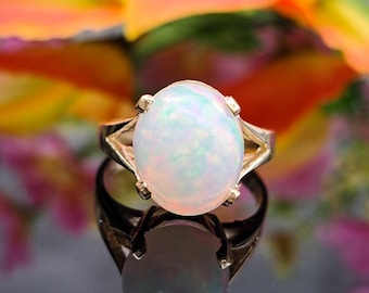 Natural Ethiopian Opal Ring in 14k Solid Gold, Oval Cabochon 12x10mm, October Birthstone