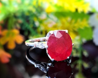 14k Solid Gold Ring: 11x9mm Lab-grown Red Ruby, Natural Diamond Accents