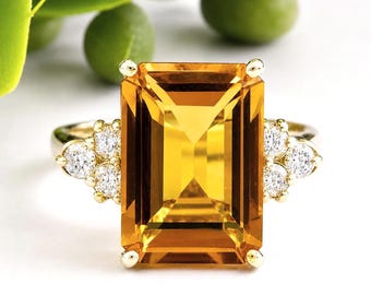 Natural Citrine 14k Solid Gold Statement Ring, 14x10mm Emerald Cut, Diamond Accents