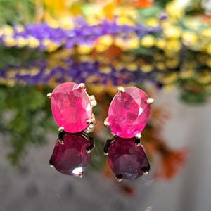 14k Solid Gold Red Ruby Stud Earrings, 9x7mm Gemstone