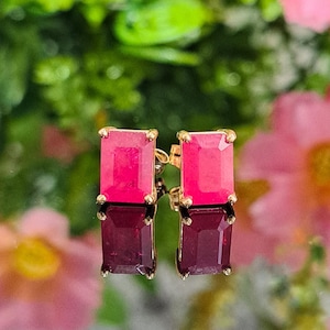 Ruby 14k Solid Gold Stud Earrings, 8x6 Emerald Cut Gemstone, July Birthstone