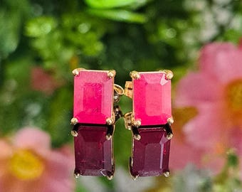 Ruby 14k Solid Gold Stud Earrings, 8x6 Emerald Cut Gemstone, July Birthstone