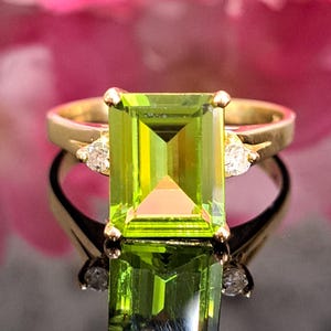 Peridot Ring, 14k Solid Gold, 10x8mm Emerald Cut Natural Peridot, Diamond Accent, August Birthstone, Handmade Jewelry, Gift Ready for Her