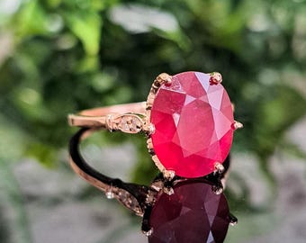 Red Ruby Ring: 14k Solid Gold, 11x9mm Lab-grown Ruby, Natural Diamond Accents