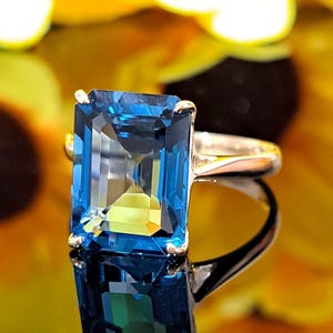 London Blue Topaz Ring, 14k Solid Gold, 14x10 Emerald Cut Natural Topaz
