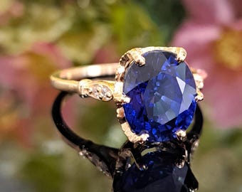 Sapphire 14k Solid Gold Ring, 10x8mm Oval Dark Blue Lab-grown Sapphire & Natural Diamond Accents