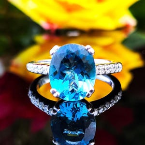 London Blue Topaz Ring, 14k Solid White, Yellow, Rose Gold, 4.80 Carat Natural Topaz & Diamonds, 11x9 Oval Topaz