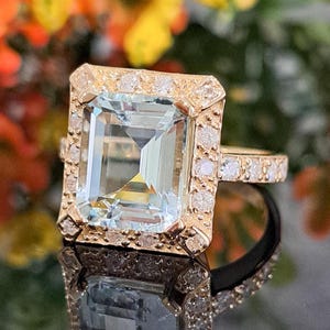 Aquamarine Gold Ring,  14k Solid Gold, Natural Aquamarine & Diamonds, 11x9 Emerald cut, Statement March Birthstone Gift, Handmade Jewelry