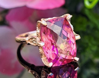 Pink Topaz Gold Ring * 8.90 Carat Natural Pink Topaz & Diamonds * 14k Solid Gold * 14x10mm Cushion Cut Gemstone * November Birthstone