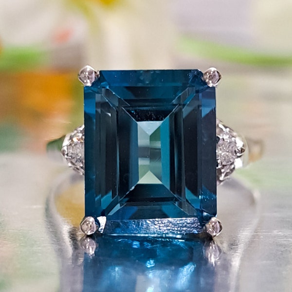 London Blue Topaz Ring * 14k Solid Gold * 6.80 Carat Natural Topaz & Diamonds * Emerald Cut Topaz * Jewelry Gift * Birthstone Ring