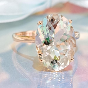 Green Amethyst Ring, 14k Solid Gold, Natural Gemstone Prasiolite, 14x10mm Oval Cut