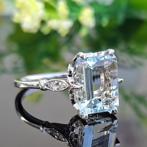 Aquamarine 14k Solid Gold Ring, 3.30 Carat Natural Aquamarine Diamond Ring, 10x8 Emerald Cut, Engagement Anniversary March Birthstone Ring