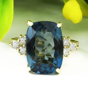 London Blue Topaz 14k Solid Gold Ring, Natural Cushion Cut Topaz, Diamond Accents