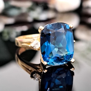 London Blue Topaz Ring, 14k Solid Gold, 11x9mm Cushion Cut Natural Topaz, Statement, Anniversary Ring, Classic Style,  Handmade Gift for Her